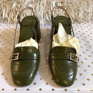 Fendi Croc-Embossed Military Green Slingback Shoes, Size 38.5
